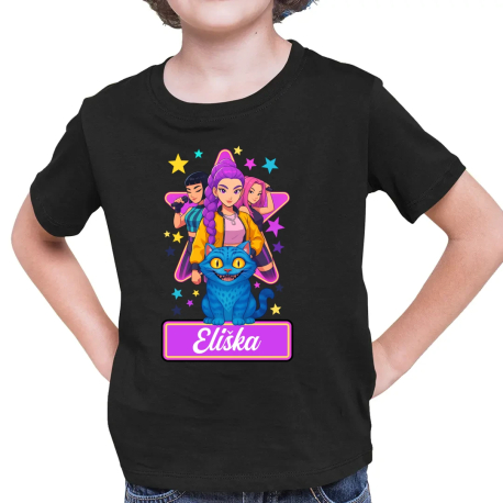Rumi, Mira i Zoey - Huntrix - vložte jméno  - dětské tričko s potiskem pro fanoušky kpop demon hunters - personalizovaný produkt