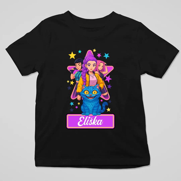 Rumi, Mira i Zoey - Huntrix - vložte jméno  - dětské tričko s potiskem pro fanoušky kpop demon hunters - personalizovaný produkt