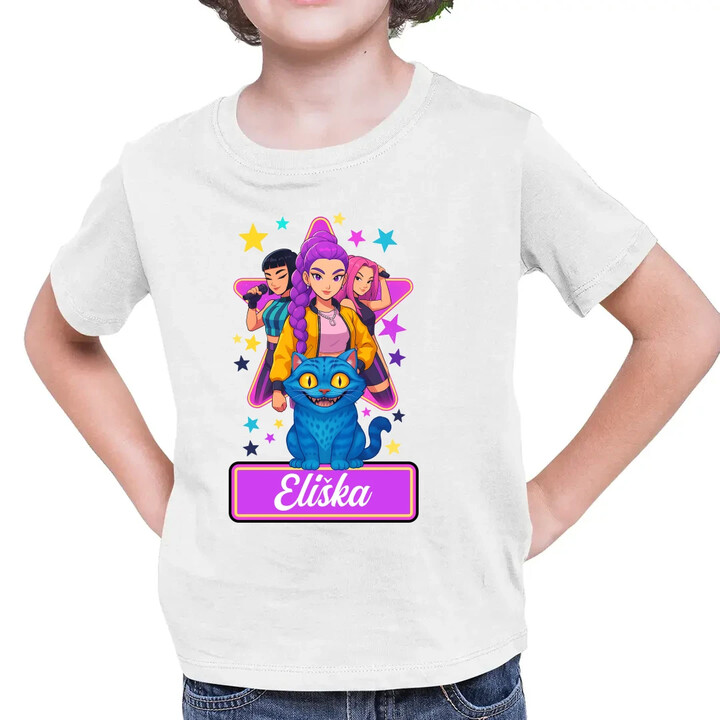 Rumi, Mira i Zoey - Huntrix - vložte jméno  - dětské tričko s potiskem pro fanoušky kpop demon hunters - personalizovaný produkt