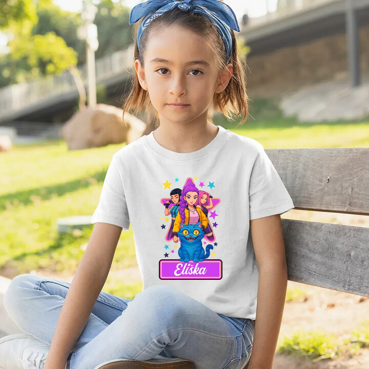 Rumi, Mira i Zoey - Huntrix - vložte jméno  - dětské tričko s potiskem pro fanoušky kpop demon hunters - personalizovaný produkt