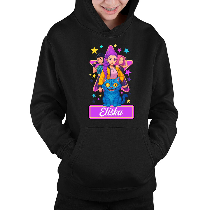 Rumi, Mira i Zoey - Huntrix - vložte jméno  - dětská mikina s kapucí pro fanoušky kpop demon hunters - personalizovaný produkt