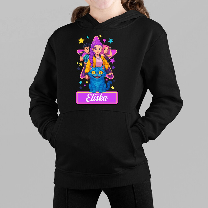 Rumi, Mira i Zoey - Huntrix - vložte jméno  - dětská mikina s kapucí pro fanoušky kpop demon hunters - personalizovaný produkt