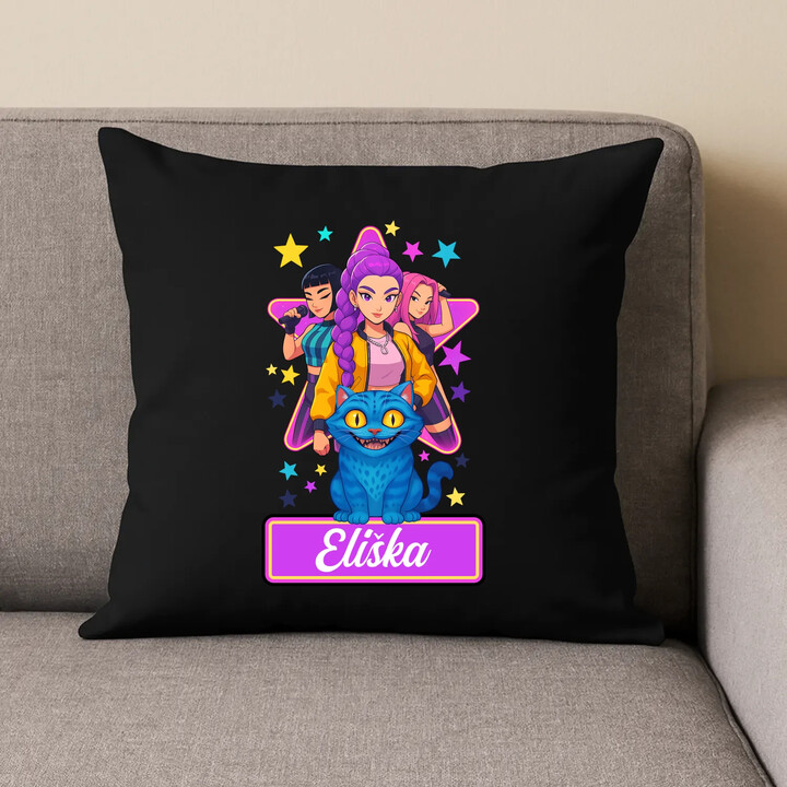 Rumi, Mira i Zoey - Huntrix - vložte jméno  - černý polštář s potiskem pro fanoušky kpop demon hunters - personalizovaný produkt