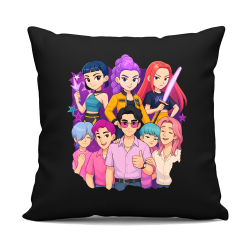 Huntrix & Saja Boys - černý polštář s potiskem pro fanoušky KPop Demon Hunters