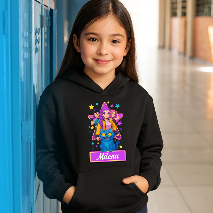 Rumi, Mira i Zoey - Huntrix - vložte jméno  - dětská mikina s kapucí pro fanoušky kpop demon hunters - personalizovaný produkt