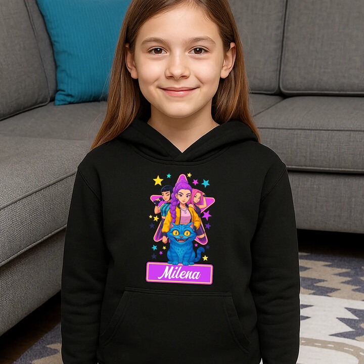 Rumi, Mira i Zoey - Huntrix - vložte jméno  - dětská mikina s kapucí pro fanoušky kpop demon hunters - personalizovaný produkt