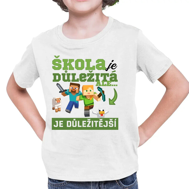 Škola je důležitá, ale Minecraft je důležitější - dětské tričko s potiskem