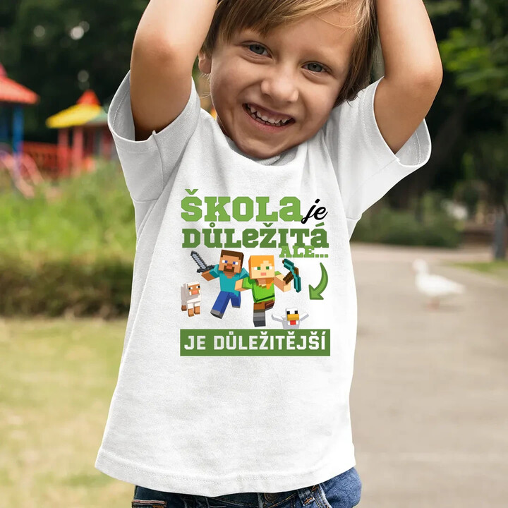 Škola je důležitá, ale Minecraft je důležitější - dětské tričko s potiskem