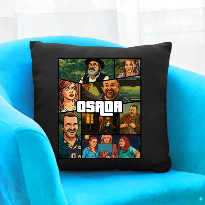 Osada - černý polštář s potiskem pro fanoušky seriálu Osada