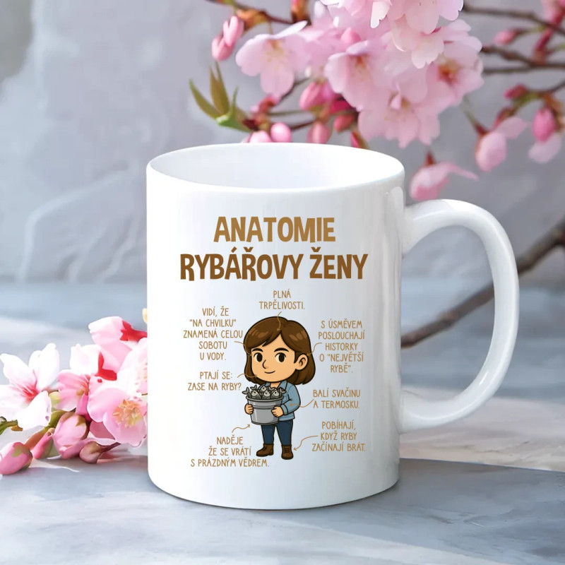 Anatomie rybářovy ženy - hrnek s potiskem jako vtipný dárek