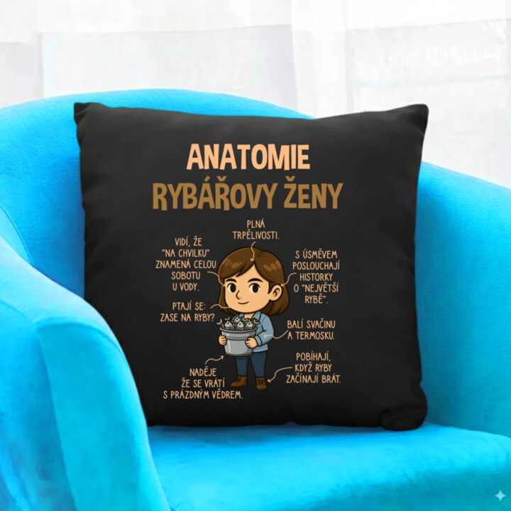 Anatomie rybářovy ženy  - černý polštář s potiskem