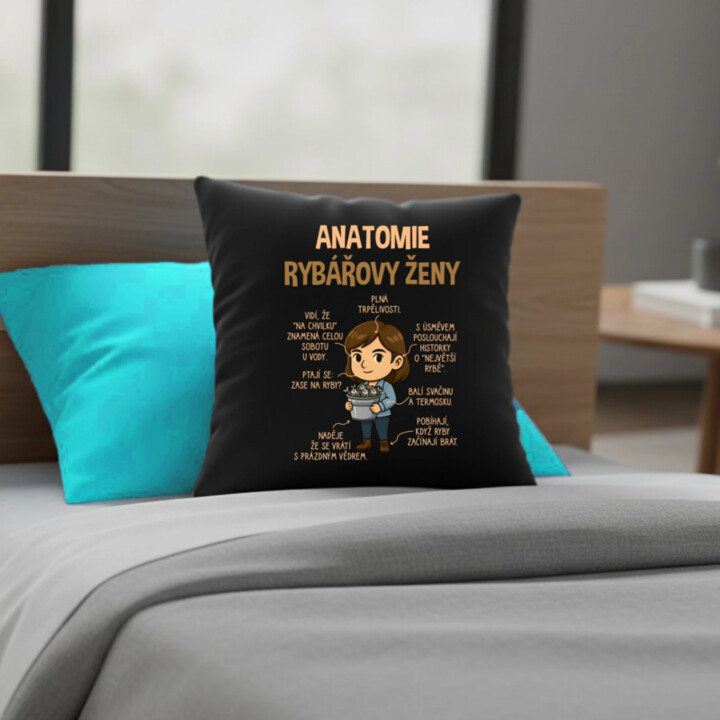 Anatomie rybářovy ženy  - černý polštář s potiskem