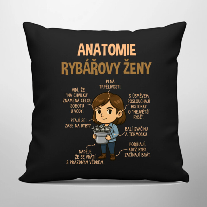 Anatomie rybářovy ženy  - černý polštář s potiskem