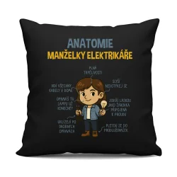 Anatomie manželky elektrikáře - černý polštář s potiskem