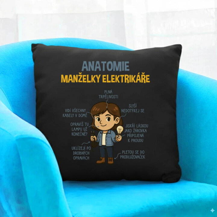 Anatomie manželky elektrikáře - černý polštář s potiskem
