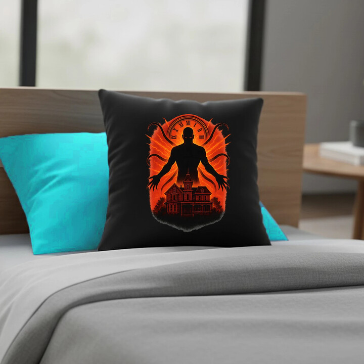 Dům Věčný - pro fanoušky seriálu Stranger Things - černý polštář s potiskem
