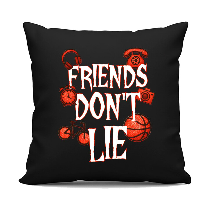 Friends don't lie- pro fanoušky seriálu Stranger Things - černý polštář s potiskem