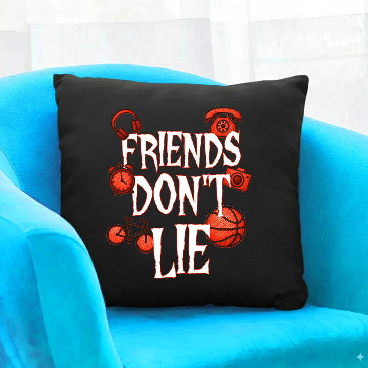 Friends don't lie- pro fanoušky seriálu Stranger Things - černý polštář s potiskem