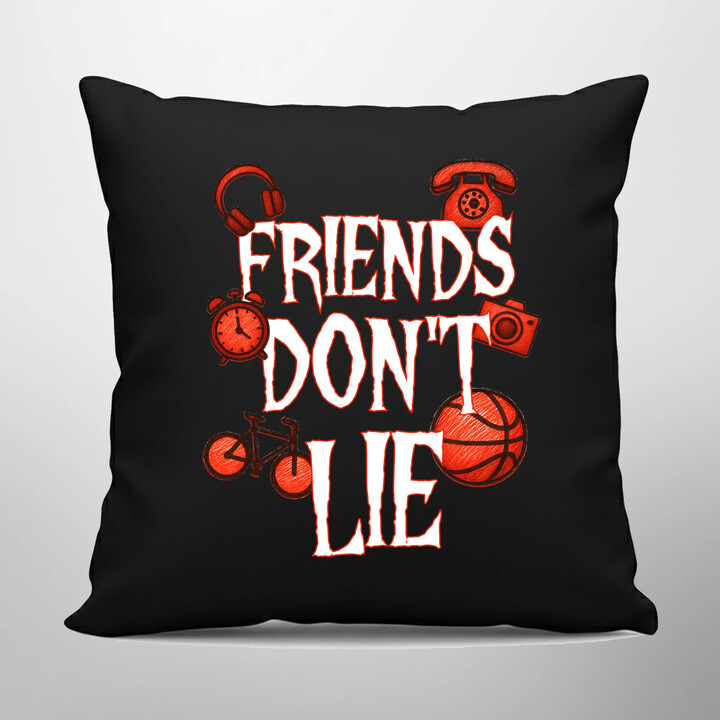 Friends don't lie- pro fanoušky seriálu Stranger Things - černý polštář s potiskem