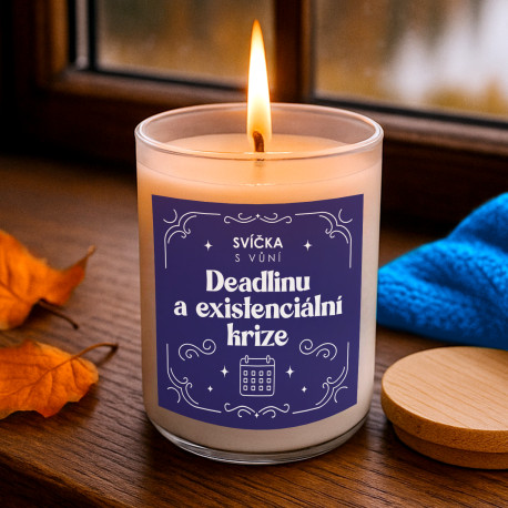 Svíčka s vůní deadlinu a existenciální krize - vonná svíčka s potiskem