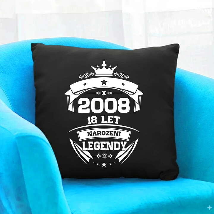 2008 Narození legendy 18 let - černý polštář s potiskem