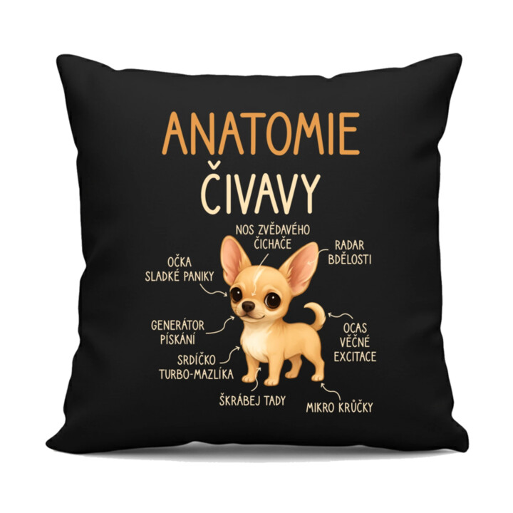 Anatomie čivavy - černý polštář s potiskem