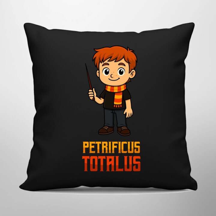 Petrificus Totalus - Ron Weasley - černý polštář s potiskem pro fanoušky série Harry Potter