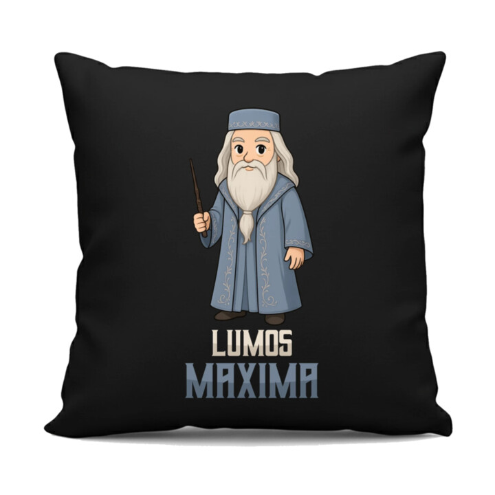 Lumos Maxima - Albus Dumbledore - černý polštář s potiskem pro fanoušky série Harry Potter