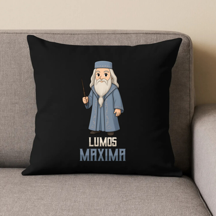 Lumos Maxima - Albus Dumbledore - černý polštář s potiskem pro fanoušky série Harry Potter