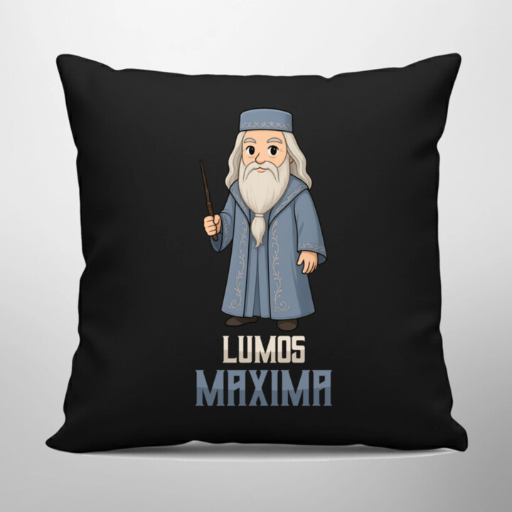 Lumos Maxima - Albus Dumbledore - černý polštář s potiskem pro fanoušky série Harry Potter