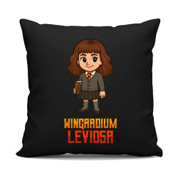 Wingardium Leviosa - Hermiona Granger - černý polštář s potiskem pro fanoušky série Harry Potter