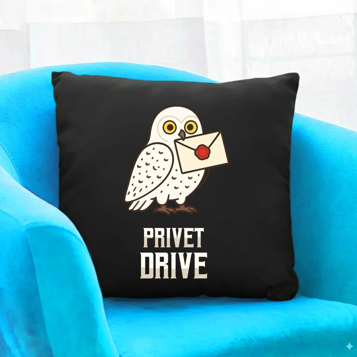 Privet Drive - Hedwiga - černý polštář s potiskem pro fanoušky série Harry Potter