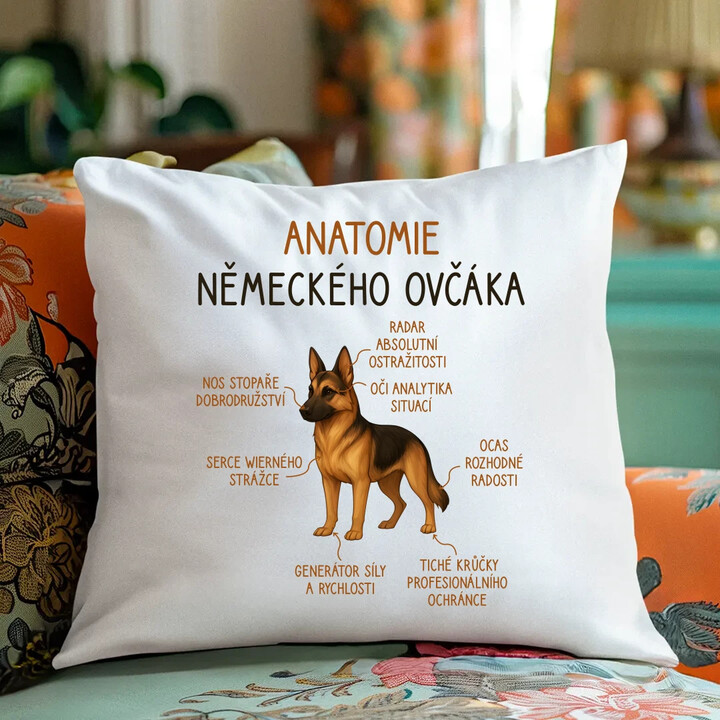 Anatomie německého ovčáka - polštář s potiskem
