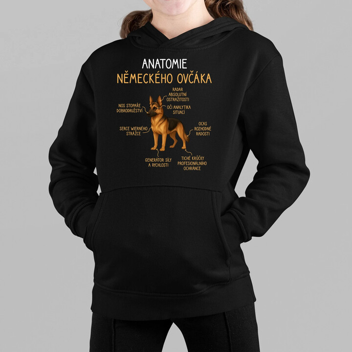 Anatomie německého ovčáka - dětská mikina s kapucí