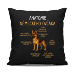 Anatomie německého ovčáka - černý polštář s potiskem