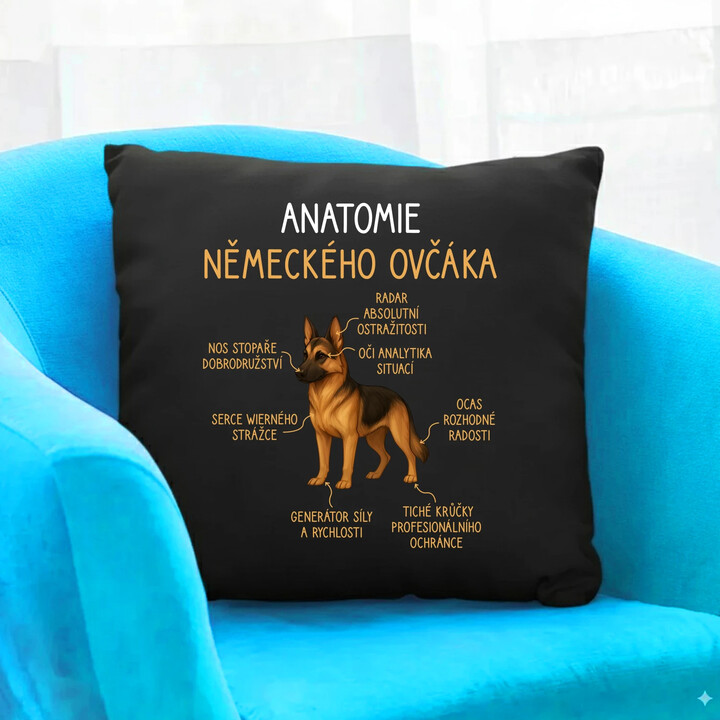 Anatomie německého ovčáka - černý polštář s potiskem