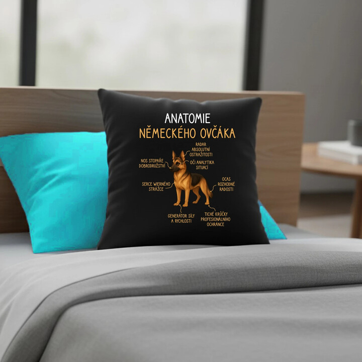 Anatomie německého ovčáka - černý polštář s potiskem