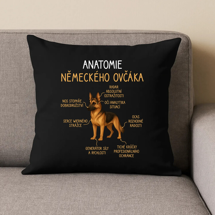 Anatomie německého ovčáka - černý polštář s potiskem