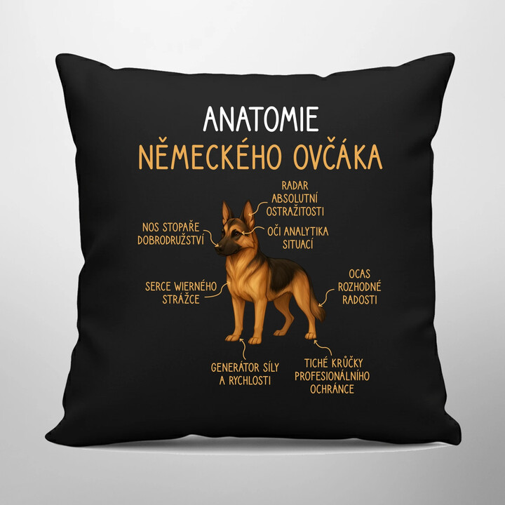 Anatomie německého ovčáka - černý polštář s potiskem