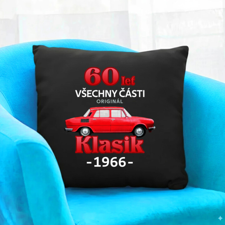 60 let - všechny části originál - Klasik 1966 - černý polštář s potiskem