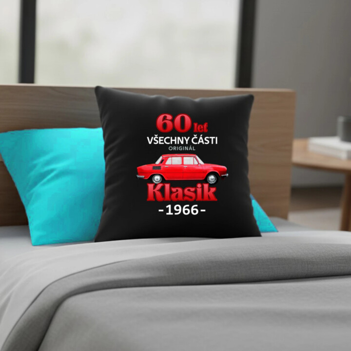 60 let - všechny části originál - Klasik 1966 - černý polštář s potiskem