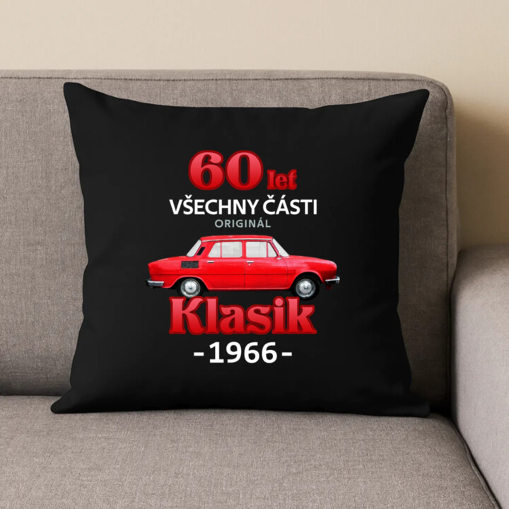 60 let - všechny části originál - Klasik 1966 - černý polštář s potiskem