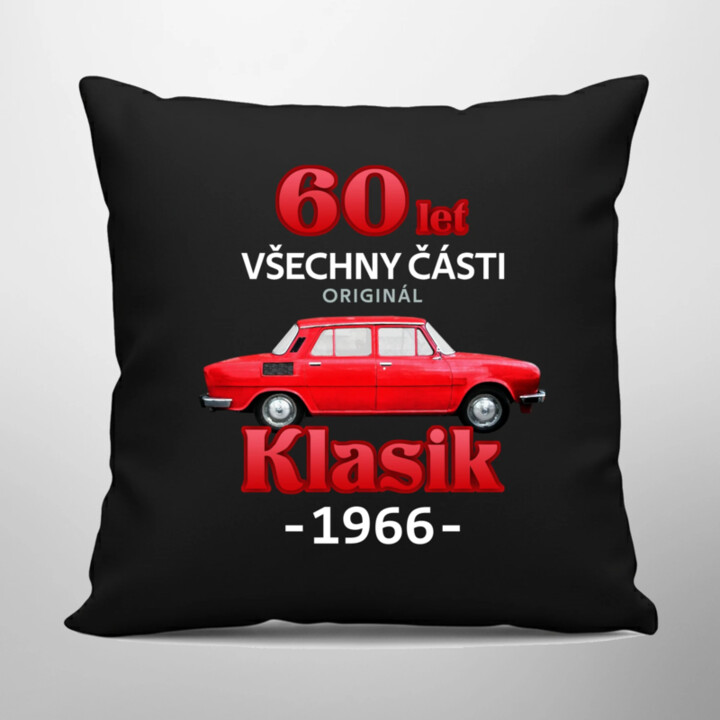 60 let - všechny části originál - Klasik 1966 - černý polštář s potiskem