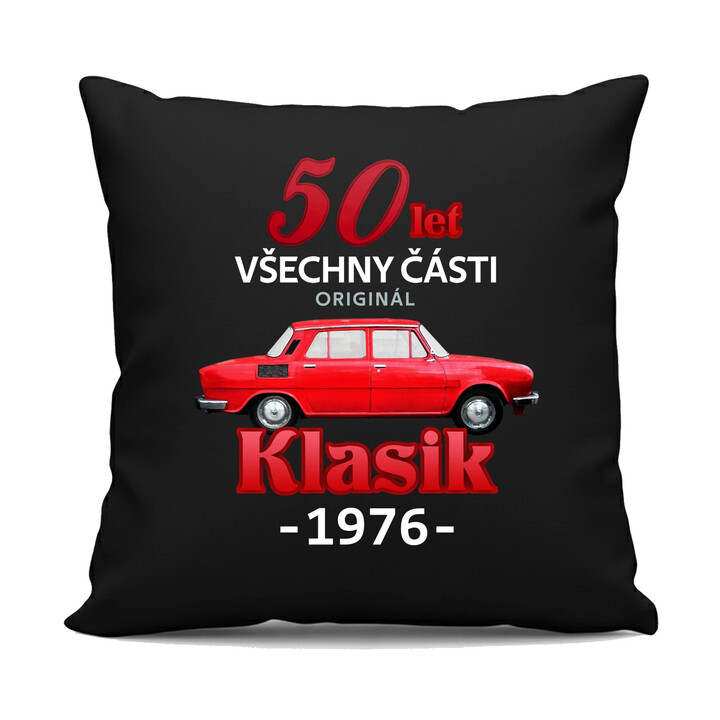 50 let - všechny části originál - Klasik 1976 - černý polštář s potiskem