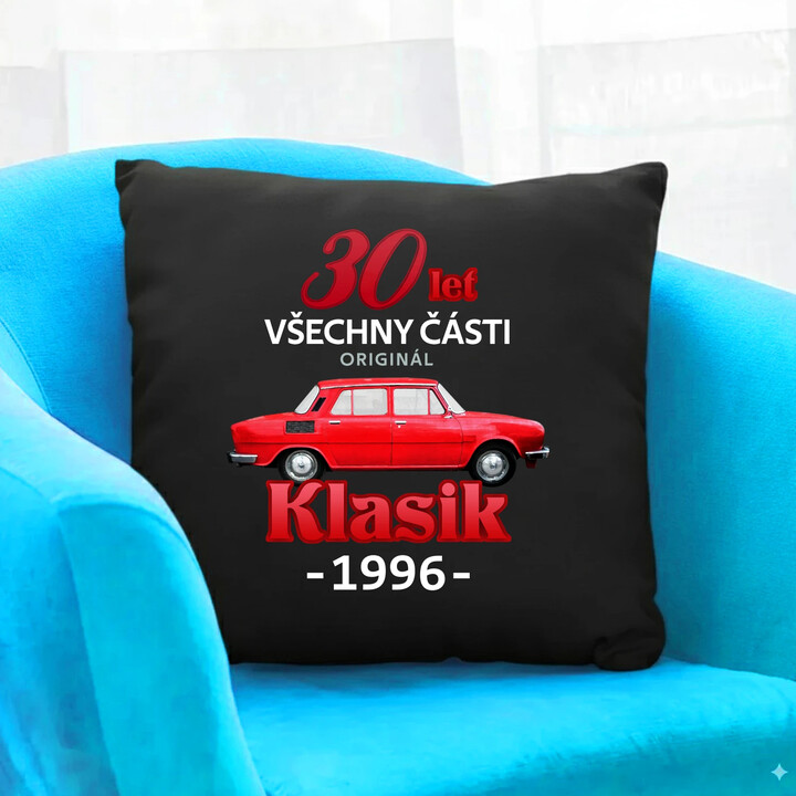 30 let - všechny části originál - Klasik 1996 - černý polštář s potiskem