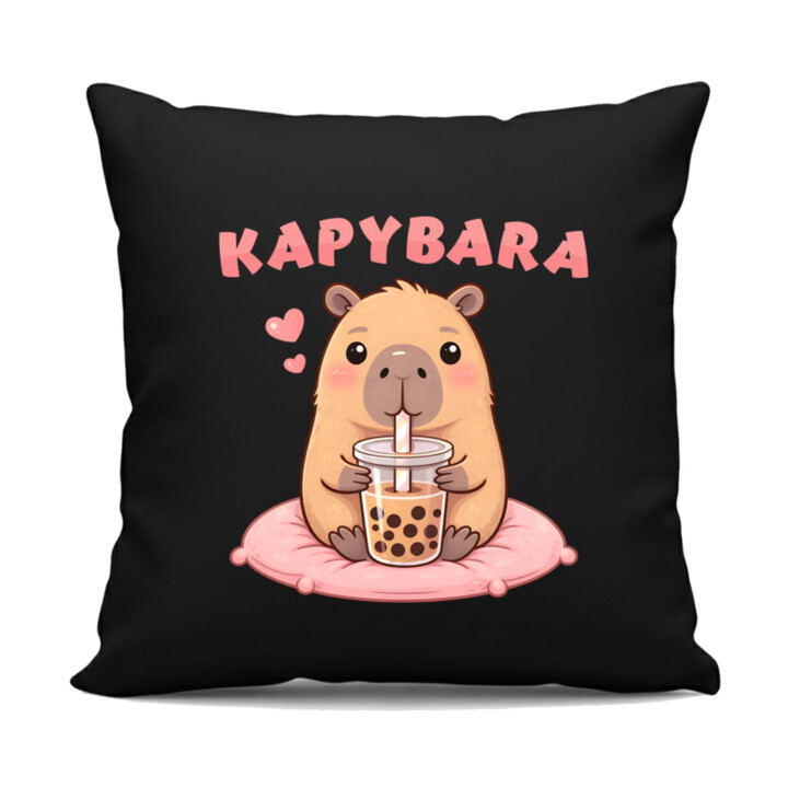 kapybara - bubble tea - černý polštář s potiskem