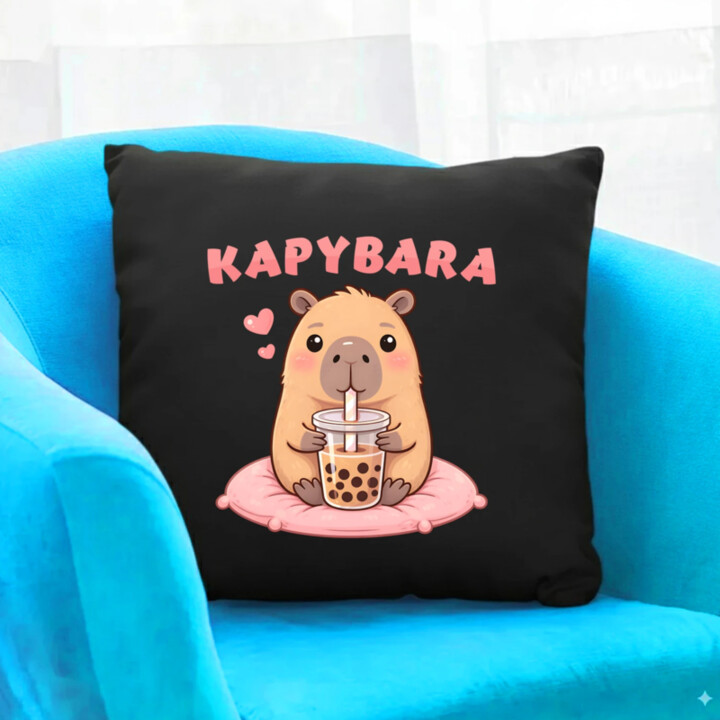 kapybara - bubble tea - černý polštář s potiskem
