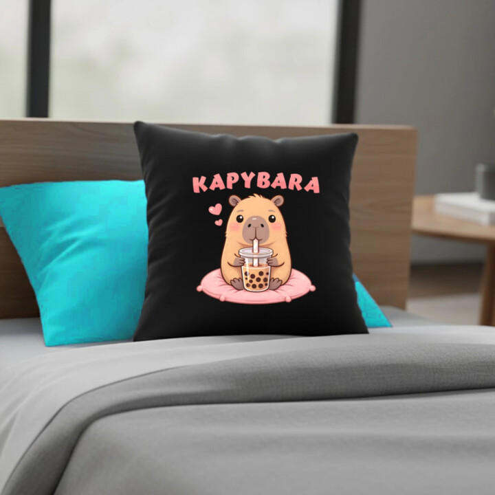 kapybara - bubble tea - černý polštář s potiskem