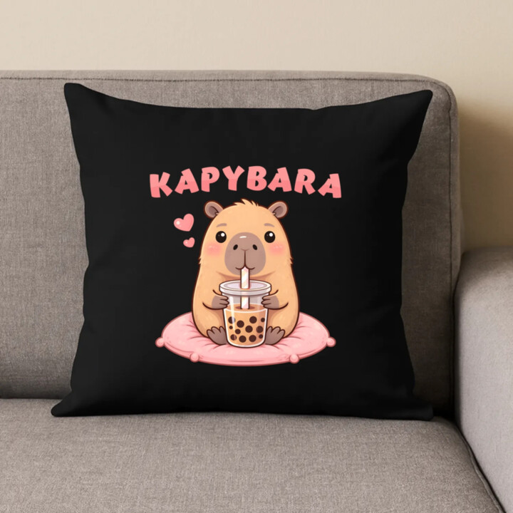 kapybara - bubble tea - černý polštář s potiskem