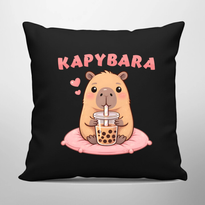 kapybara - bubble tea - černý polštář s potiskem